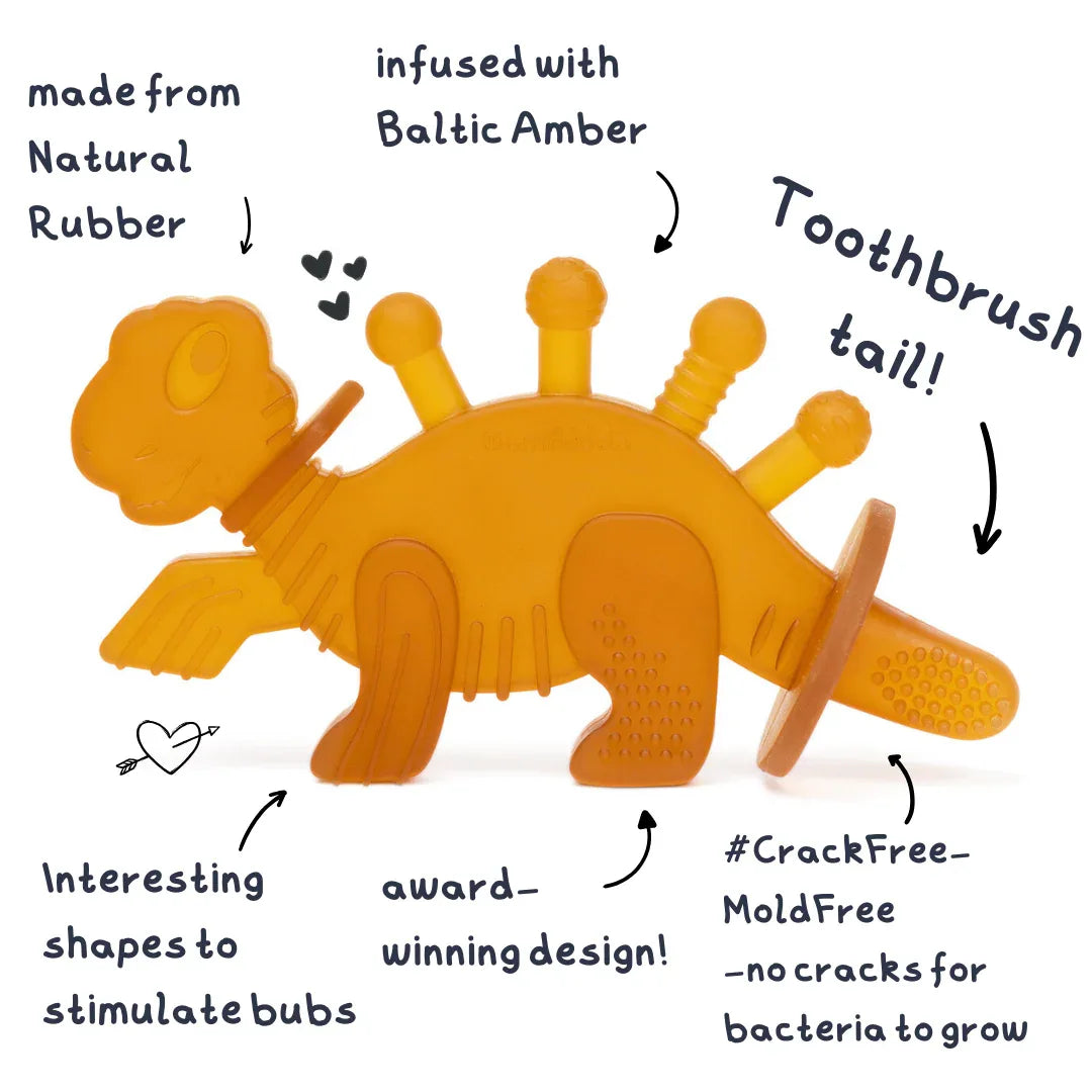 Dibly Amber - Baltic Amber & Natural Rubber Dinosaur Teether with Toothbrush Tail - Dealsoffers1.com