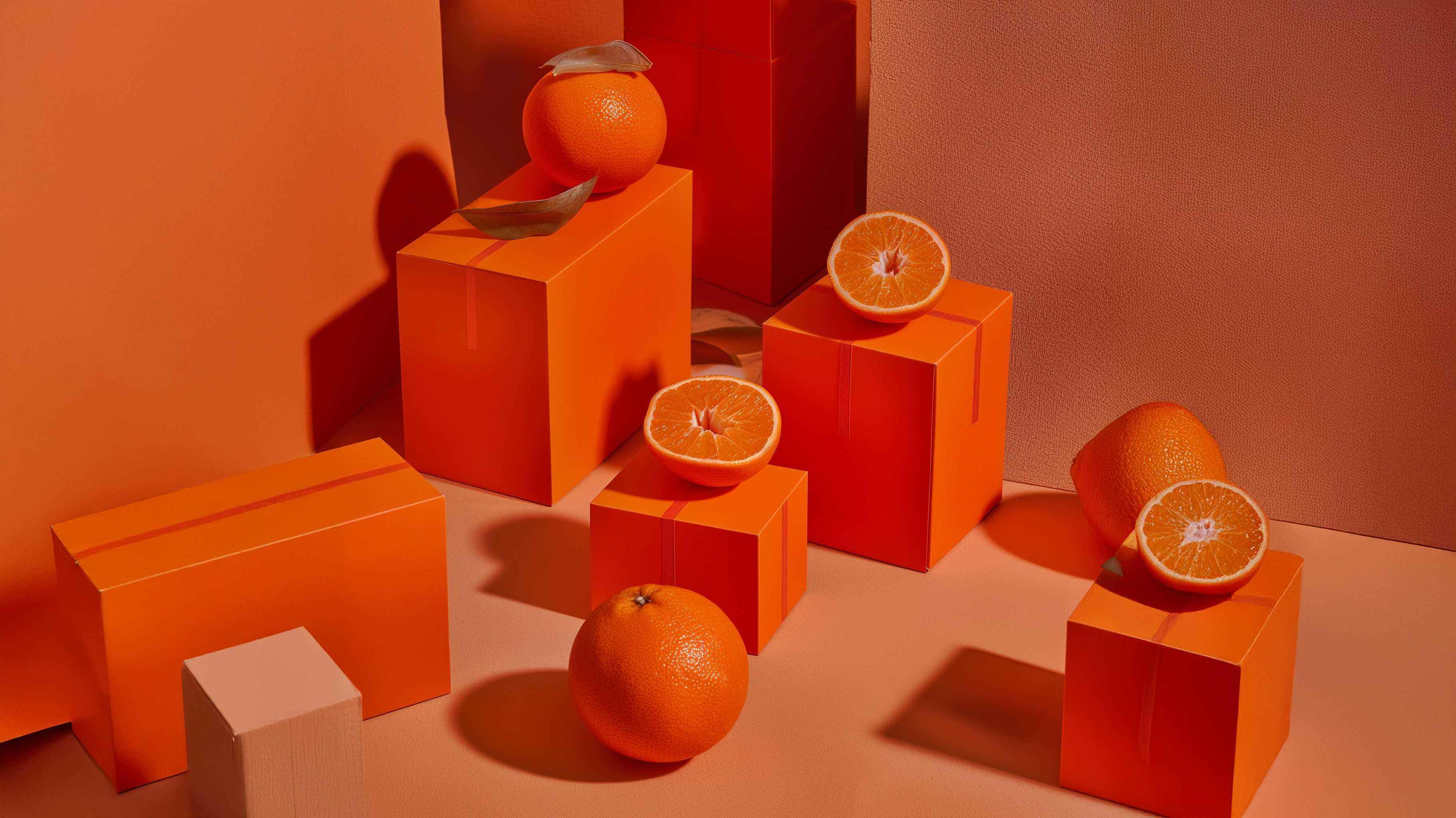 Fresh whole and sliced oranges arranged with orange gift boxes on a matching orange background
